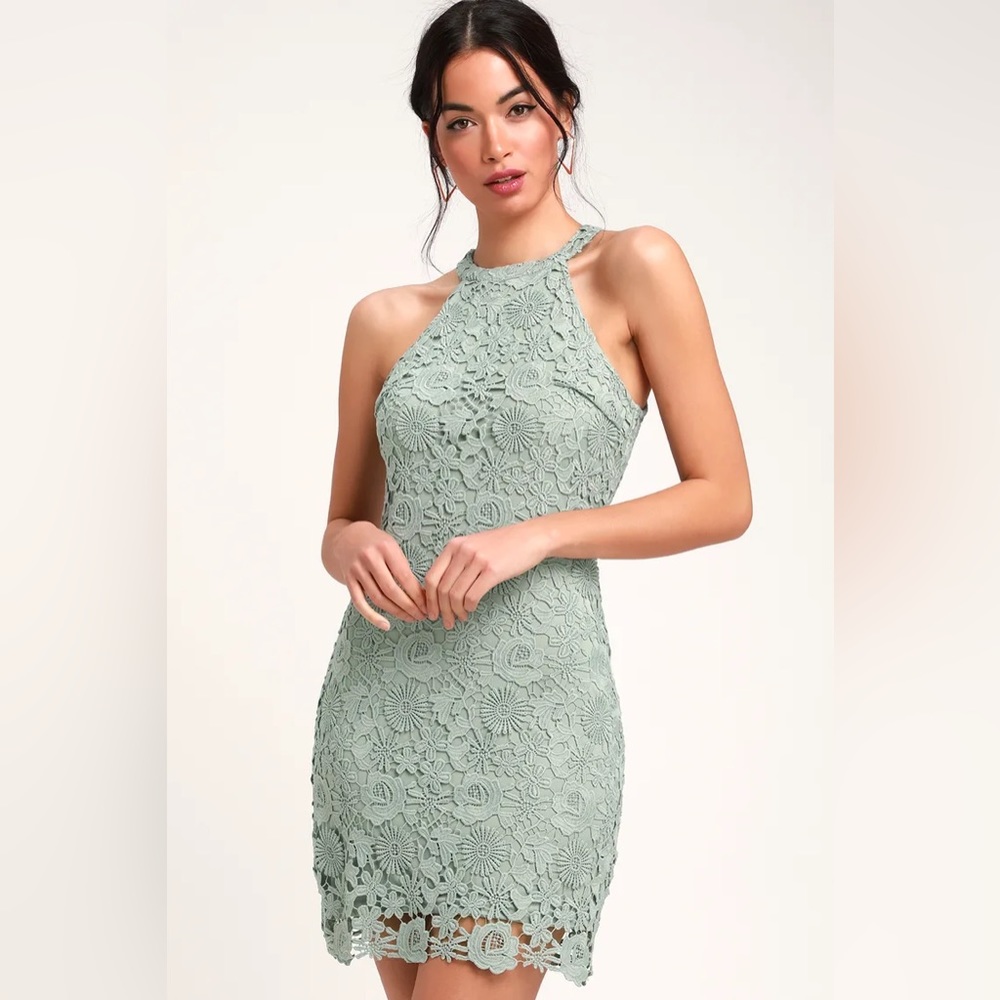 Lulus Love Poem sage green knit lace mini halter neck dress, size xs